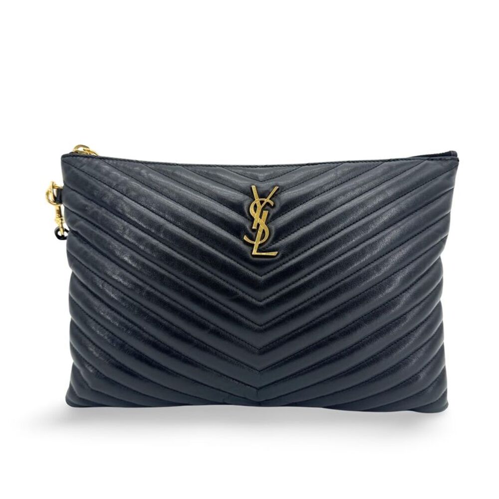 Saint Laurent Monogram Matelassรฉ Tablet Clutch Black Gold Hardware